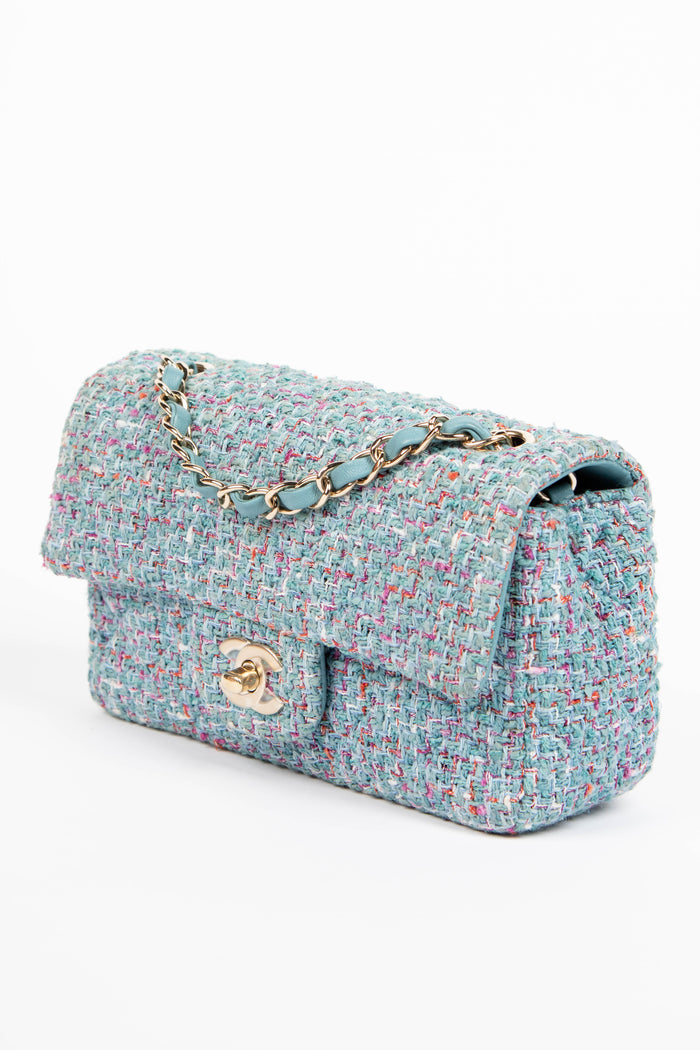 2020s Chanel Blue Tweed Mini Rectangular Single Flap Shoulder Bag