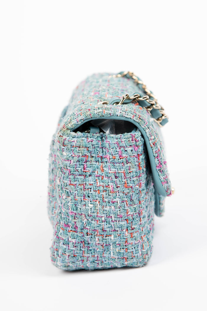 2020s Chanel Blue Tweed Mini Rectangular Single Flap Shoulder Bag