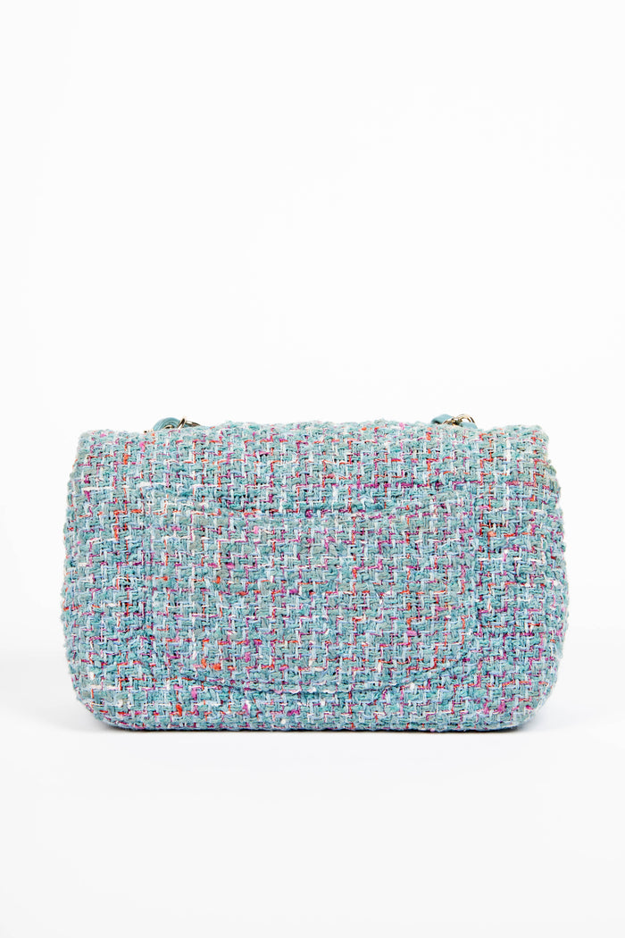 2020s Chanel Blue Tweed Mini Rectangular Single Flap Shoulder Bag