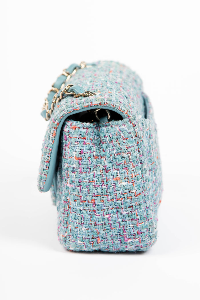2020s Chanel Blue Tweed Mini Rectangular Single Flap Shoulder Bag