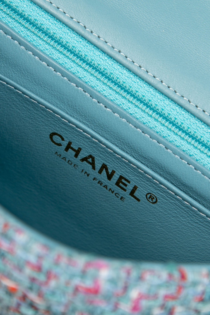 2020s Chanel Blue Tweed Mini Rectangular Single Flap Shoulder Bag