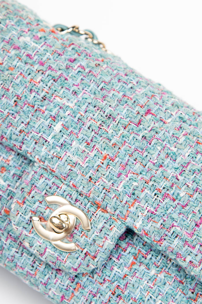 2020s Chanel Blue Tweed Mini Rectangular Single Flap Shoulder Bag