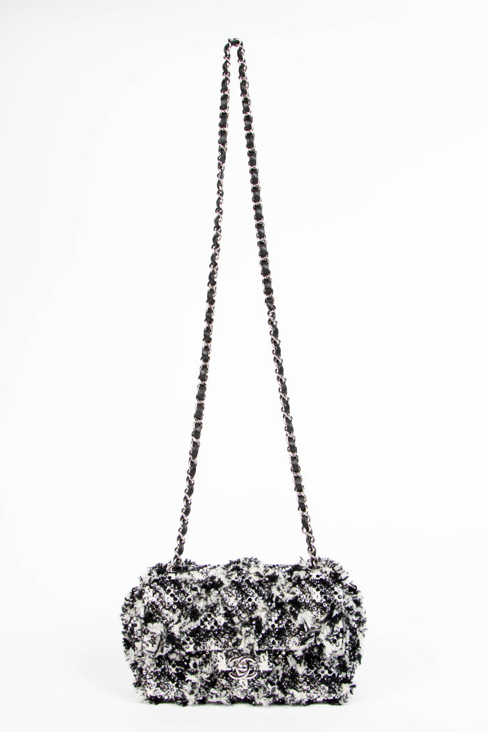 2020s Chanel Black and White Embellished Tweed Mini Rectangular Flap Shoulder Bag