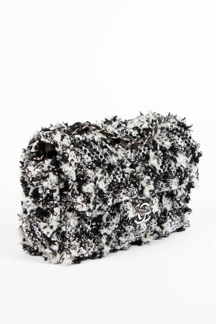 2020s Chanel Black and White Embellished Tweed Mini Rectangular Flap Shoulder Bag