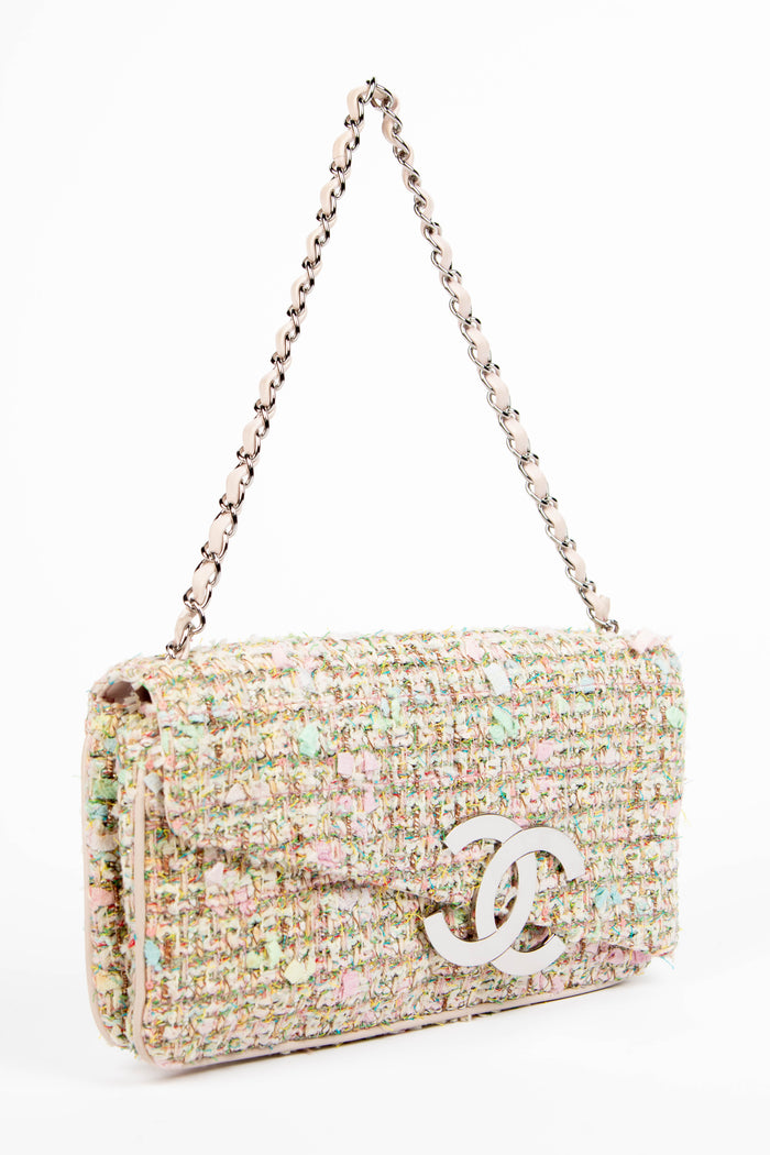 2000s Chanel Sherbet Multicolour Tweed Diagonal East West Flap Bag
