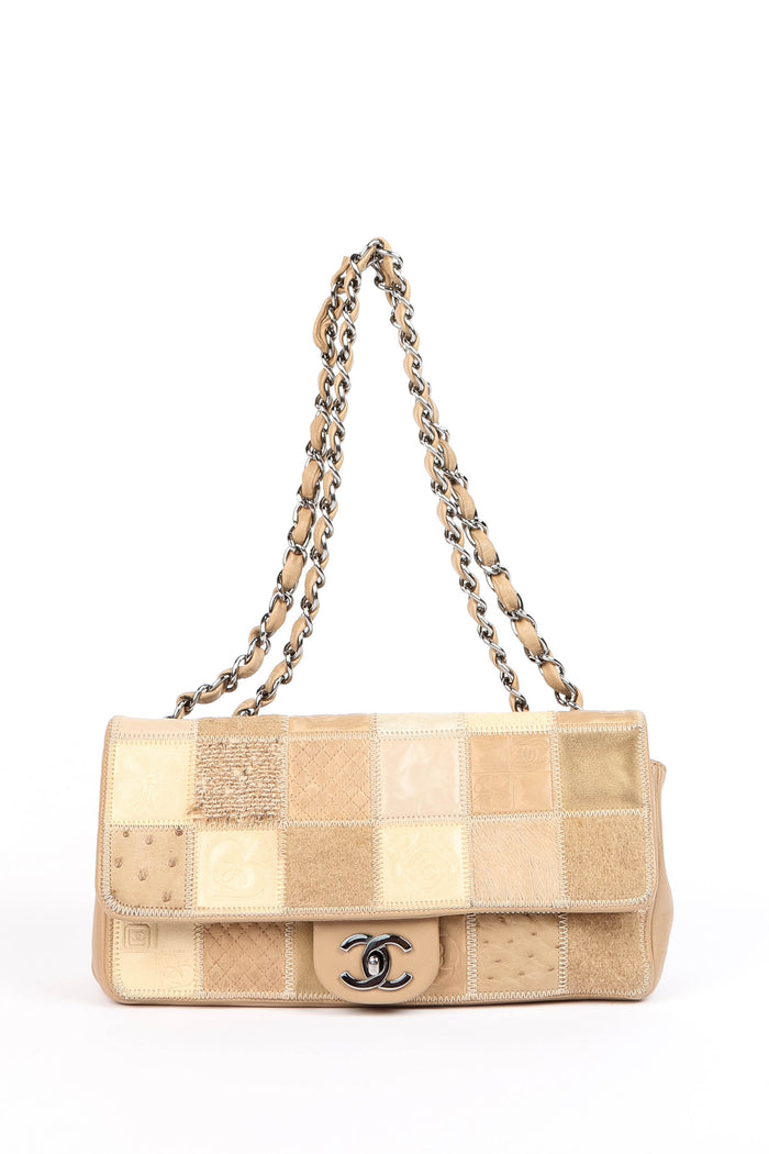 RARE 2000s Chanel Beige Mixed Leather Patchwork East West Single Flap Bag