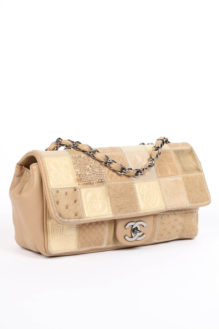 RARE 2000s Chanel Beige Mixed Leather Patchwork East West Single Flap Bag