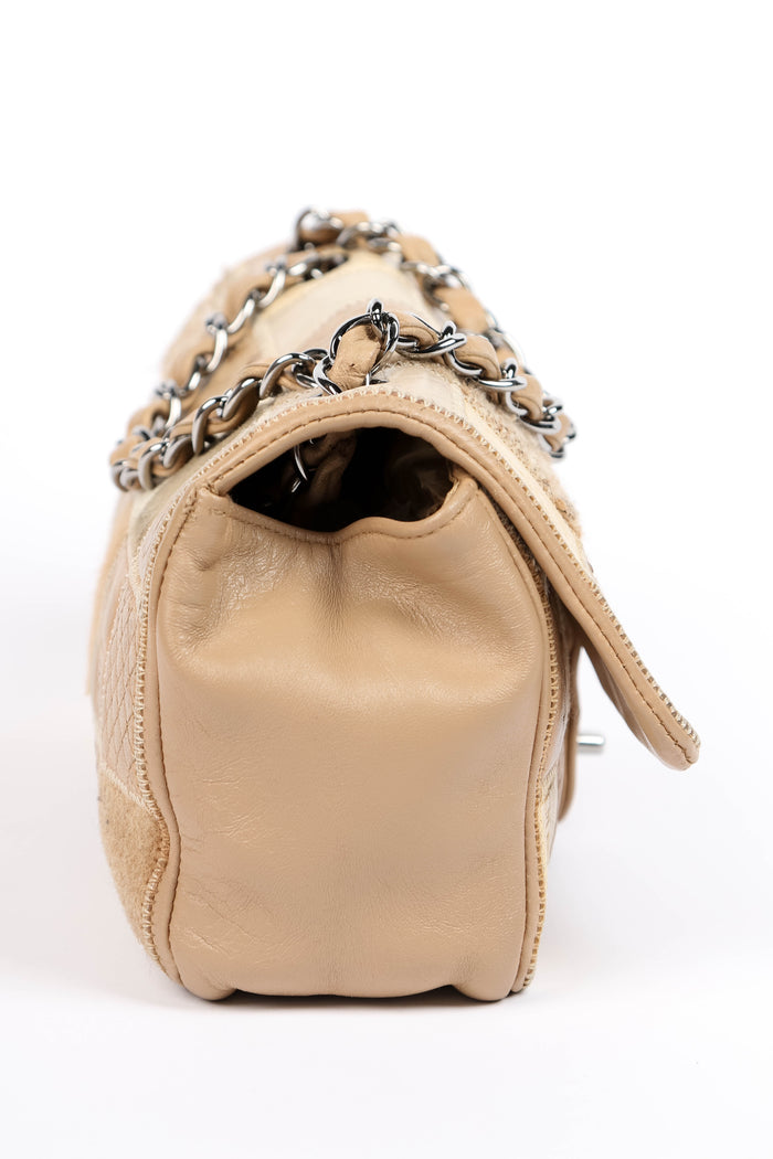 RARE 2000s Chanel Beige Mixed Leather Patchwork East West Single Flap Bag