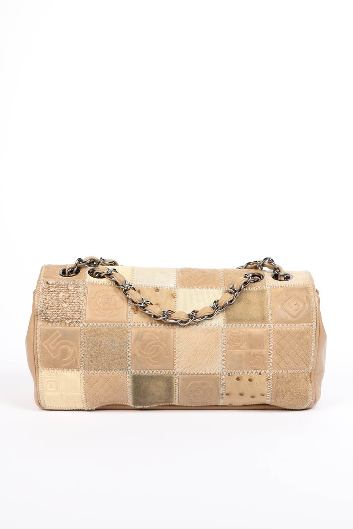 RARE 2000s Chanel Beige Mixed Leather Patchwork East West Single Flap Bag