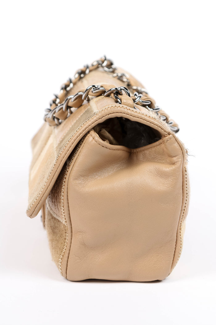 RARE 2000s Chanel Beige Mixed Leather Patchwork East West Single Flap Bag