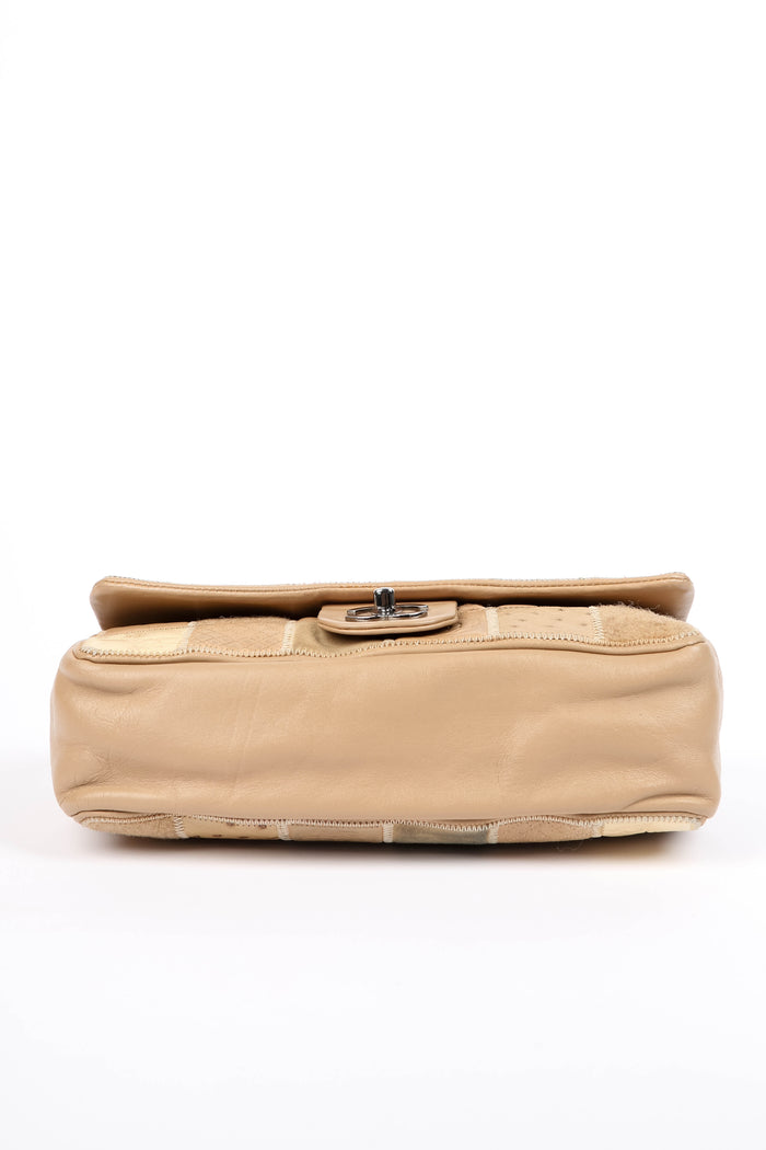 RARE 2000s Chanel Beige Mixed Leather Patchwork East West Single Flap Bag