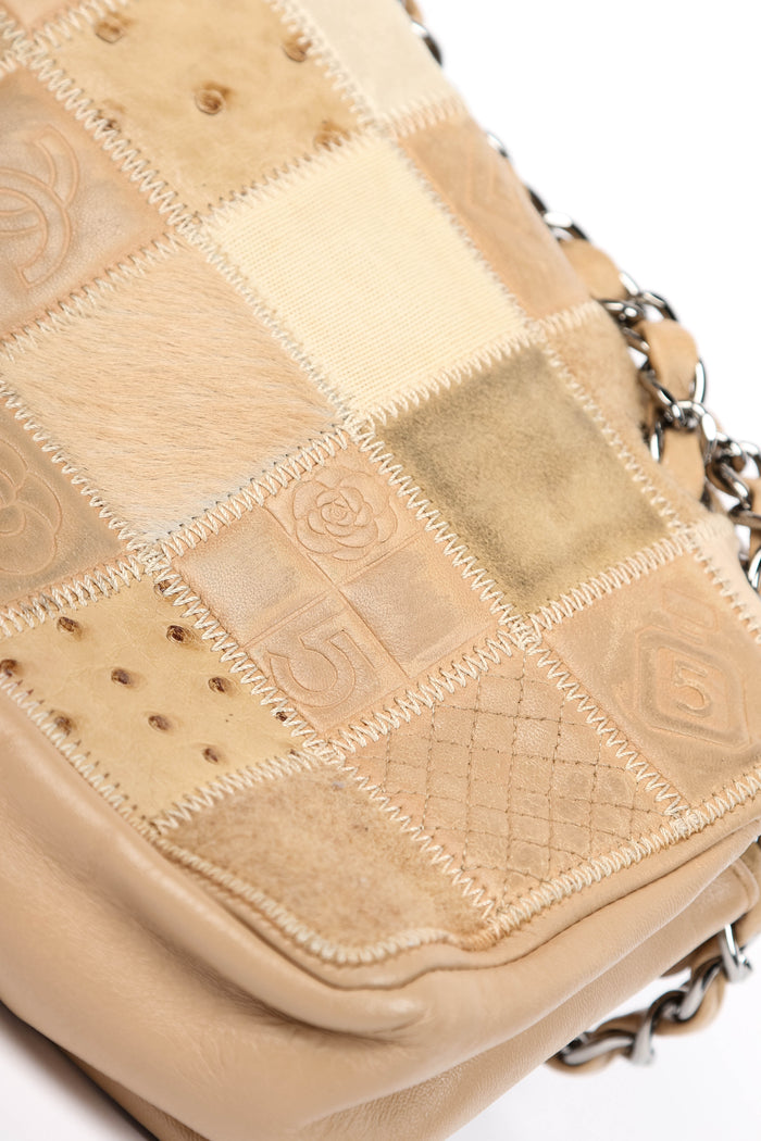 RARE 2000s Chanel Beige Mixed Leather Patchwork East West Single Flap Bag