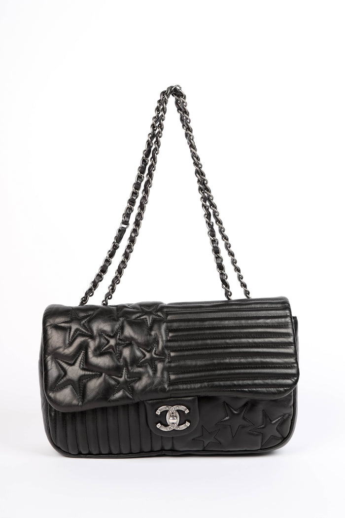 2010s Chanel Black Lambskin Leather Stripes and Stars Single Flap Shoulder Bag
