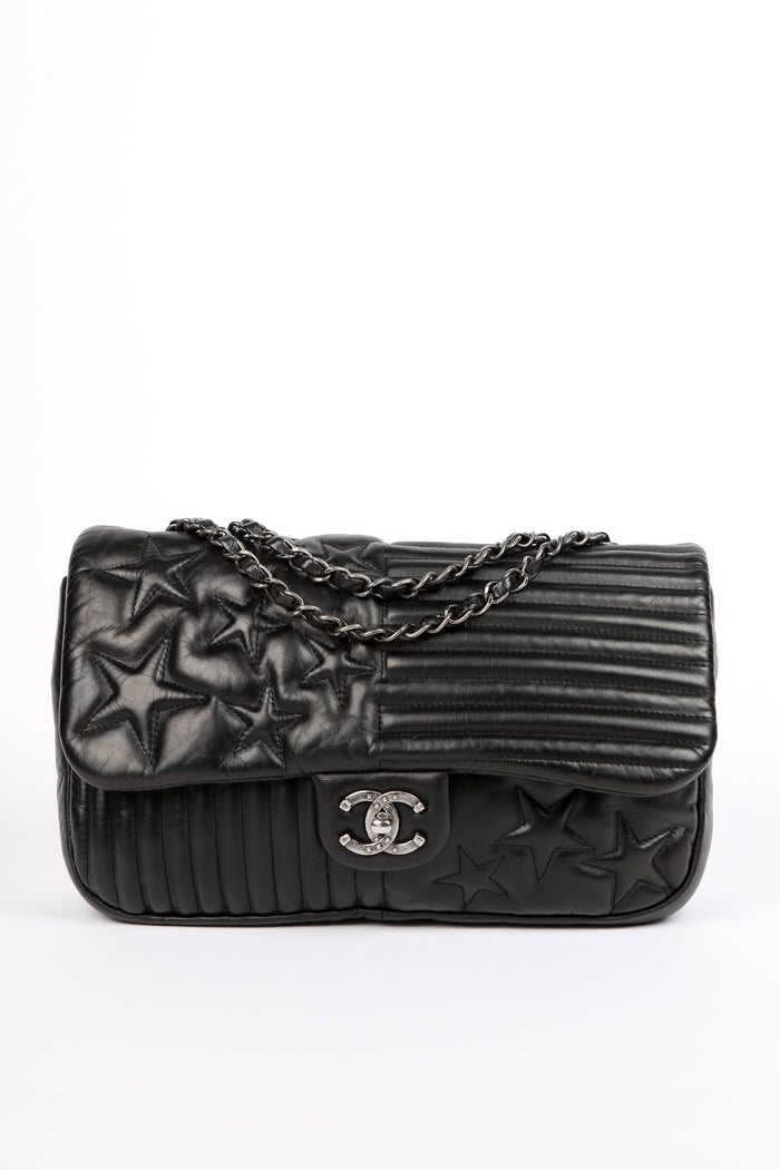2010s Chanel Black Lambskin Leather Stripes and Stars Single Flap Shoulder Bag