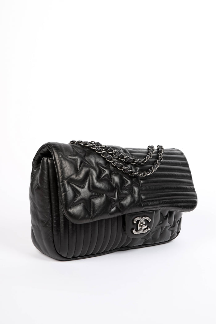 2010s Chanel Black Lambskin Leather Stripes and Stars Single Flap Shoulder Bag
