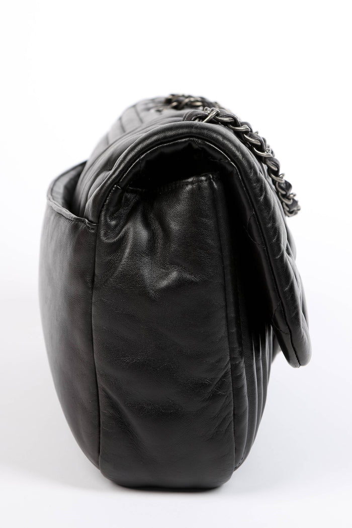 2010s Chanel Black Lambskin Leather Stripes and Stars Single Flap Shoulder Bag