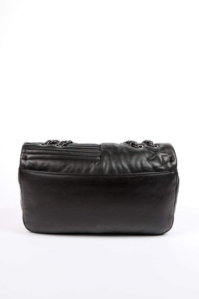 2010s Chanel Black Lambskin Leather Stripes and Stars Single Flap Shoulder Bag