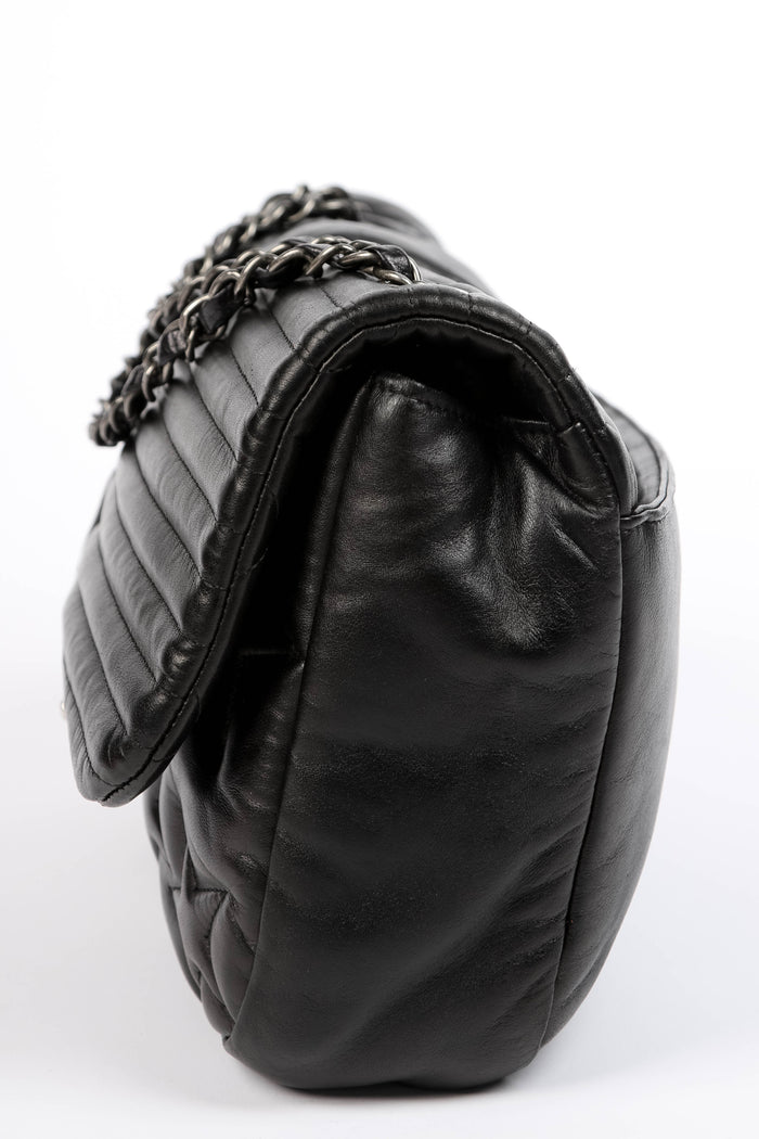 2010s Chanel Black Lambskin Leather Stripes and Stars Single Flap Shoulder Bag