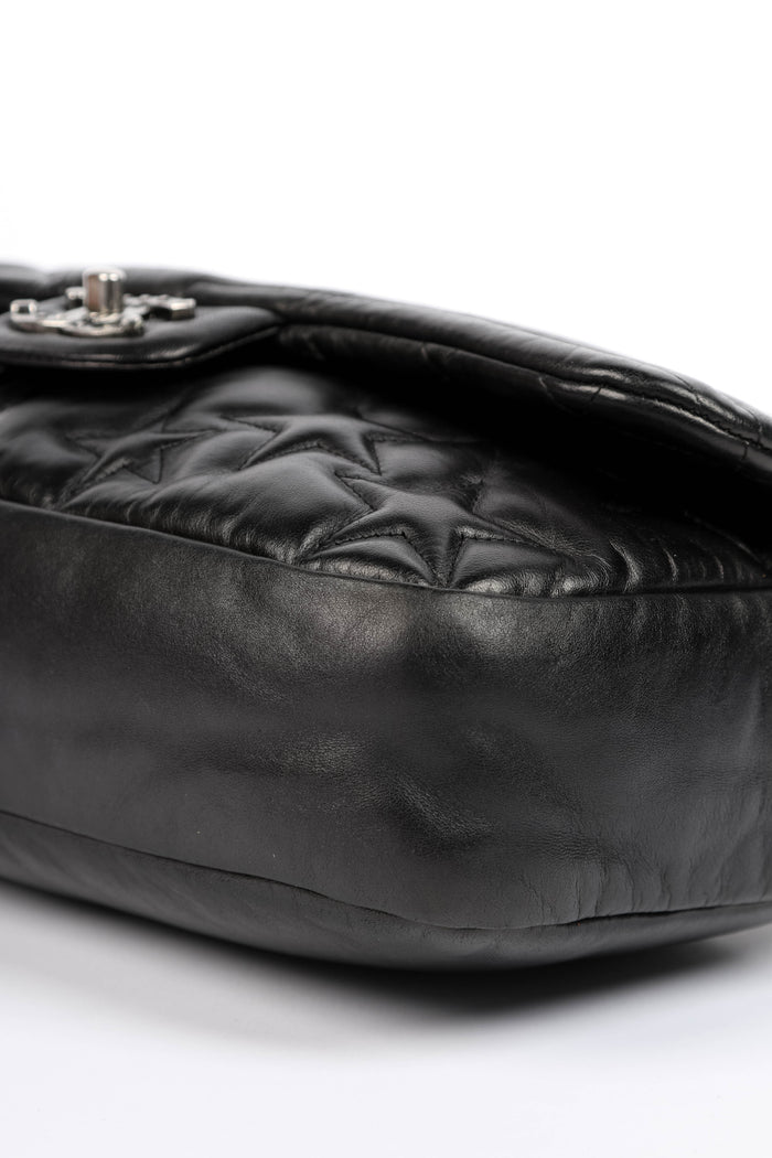 2010s Chanel Black Lambskin Leather Stripes and Stars Single Flap Shoulder Bag
