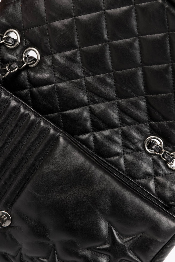 2010s Chanel Black Lambskin Leather Stripes and Stars Single Flap Shoulder Bag