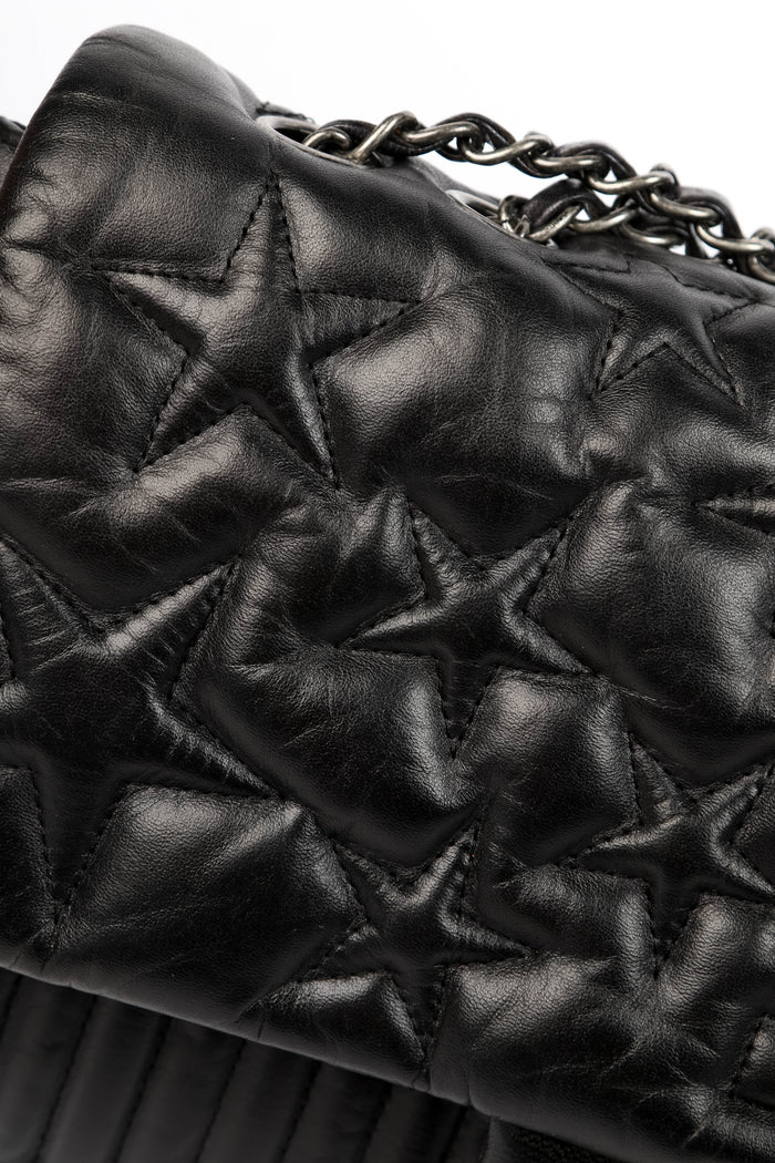 2010s Chanel Black Lambskin Leather Stripes and Stars Single Flap Shoulder Bag