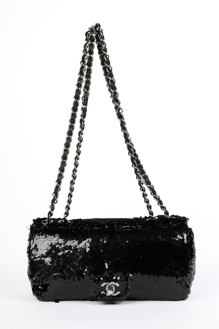2010s Chanel Black Sequin Single Flap Bag