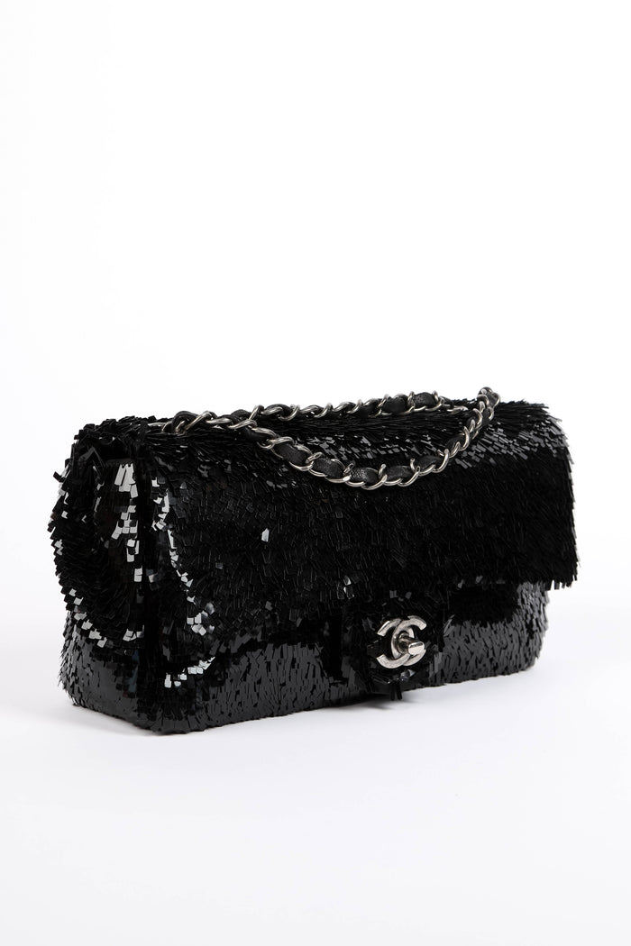 2010s Chanel Black Sequin Single Flap Bag
