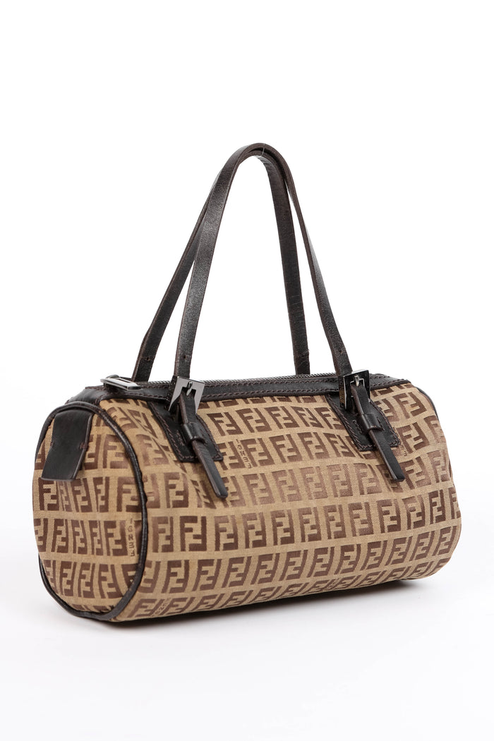 Vintage Fendi Brown Zucchino Canvas Mini Barrel Bag