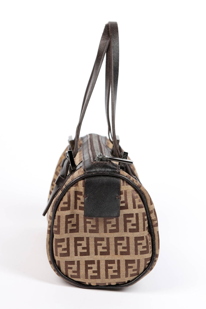 Vintage Fendi Brown Zucchino Canvas Mini Barrel Bag
