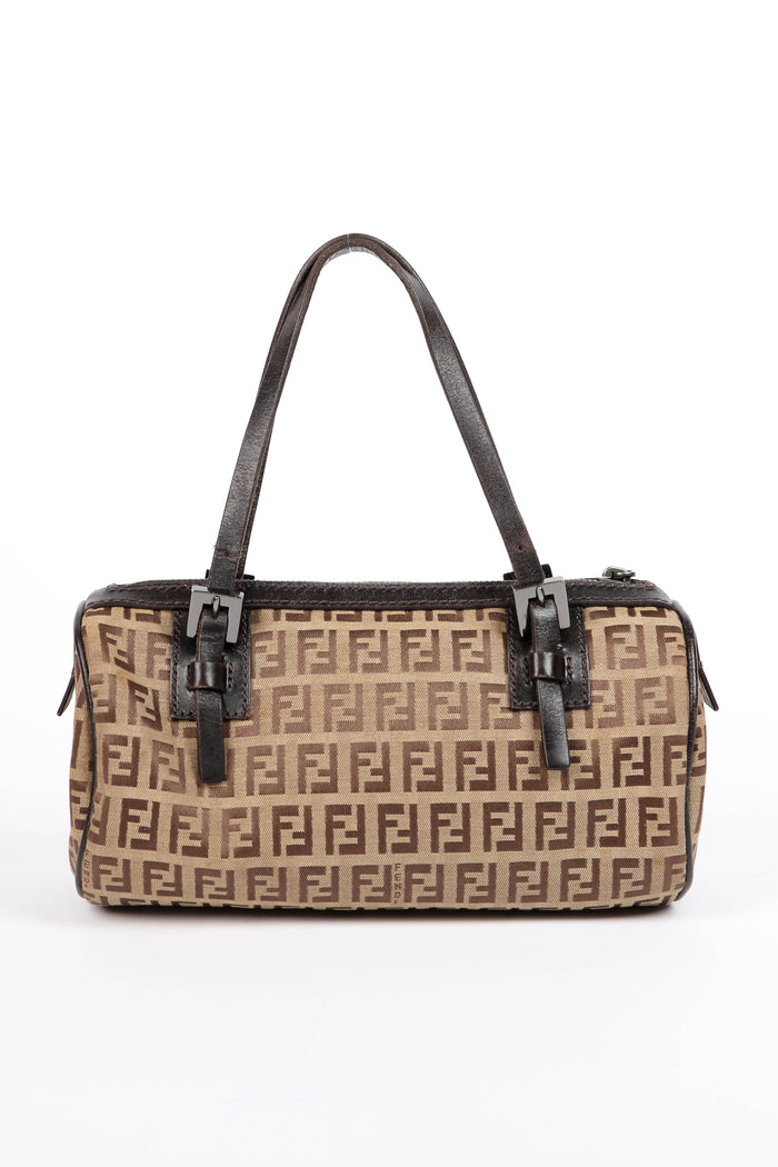 Vintage Fendi Brown Zucchino Canvas Mini Barrel Bag