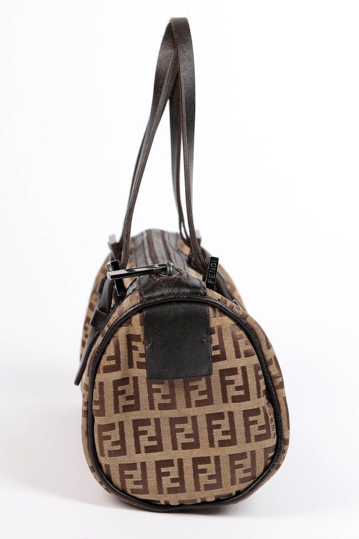Vintage Fendi Brown Zucchino Canvas Mini Barrel Bag