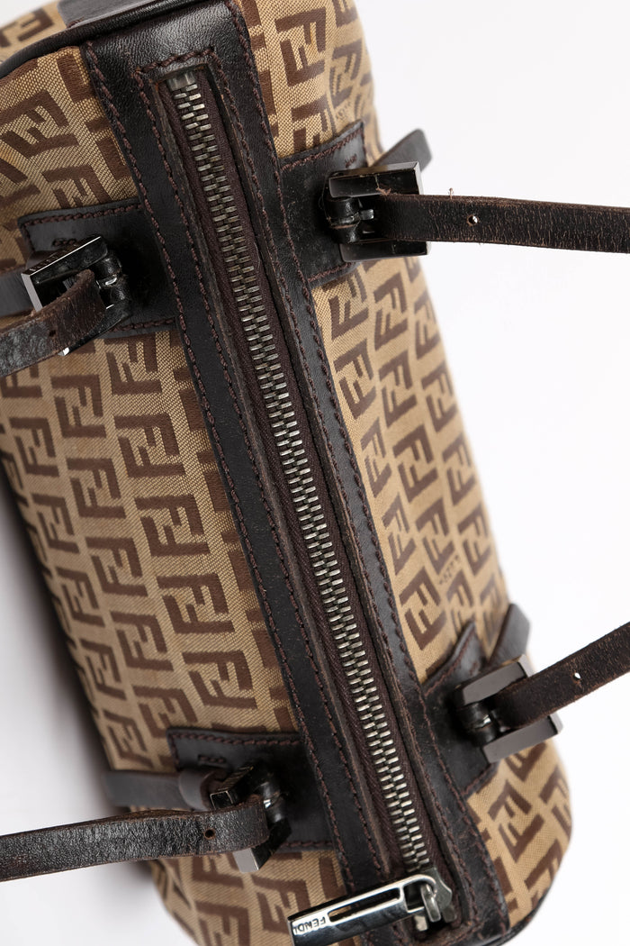 Vintage Fendi Brown Zucchino Canvas Mini Barrel Bag