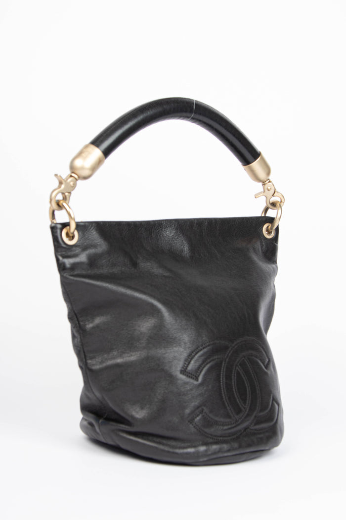 Vintage Chanel Black Aged Calfskin Leather Bucket Bag
