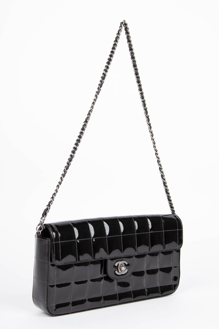 2000s Chanel Black Patent Leather East West Chocolate Bar Flap Bag