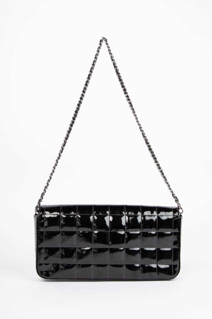 2000s Chanel Black Patent Leather East West Chocolate Bar Flap Bag