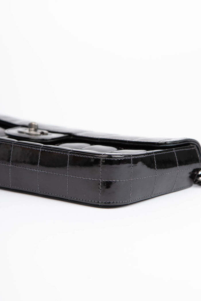 2000s Chanel Black Patent Leather East West Chocolate Bar Flap Bag