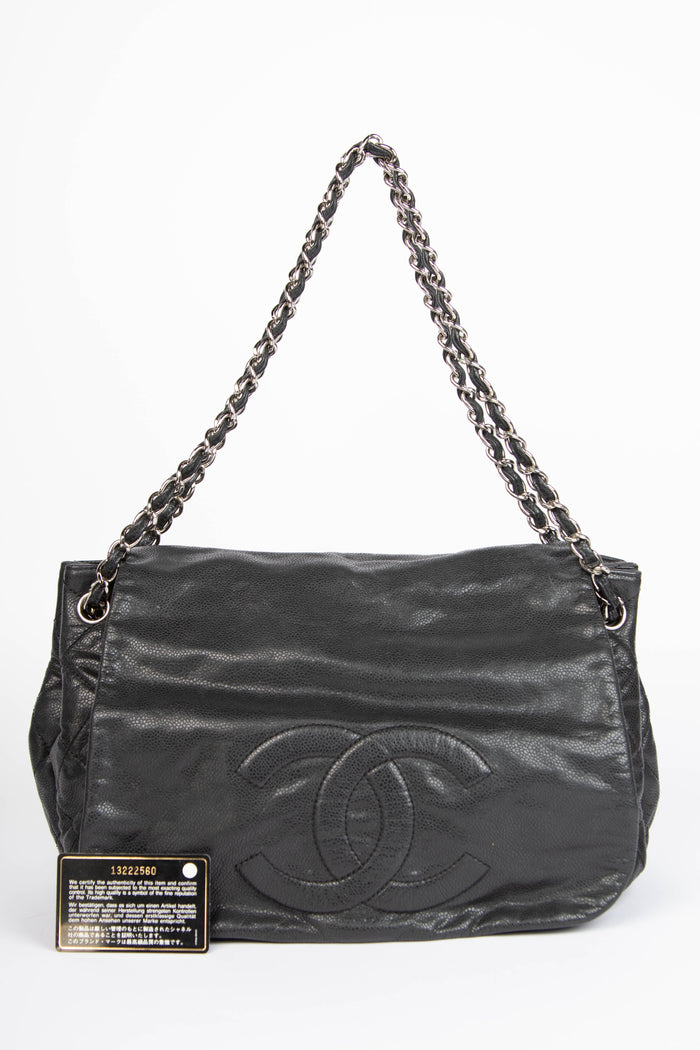 2000s Chanel Black Caviar Leather Accordion Flap Bag