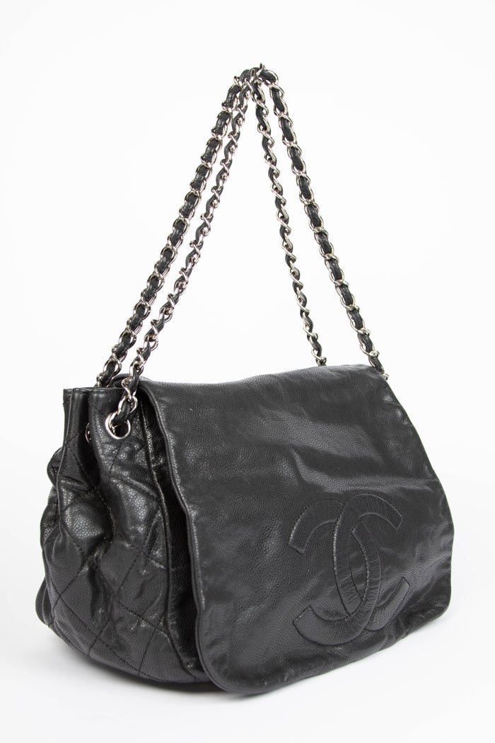 2000s Chanel Black Caviar Leather Accordion Flap Bag