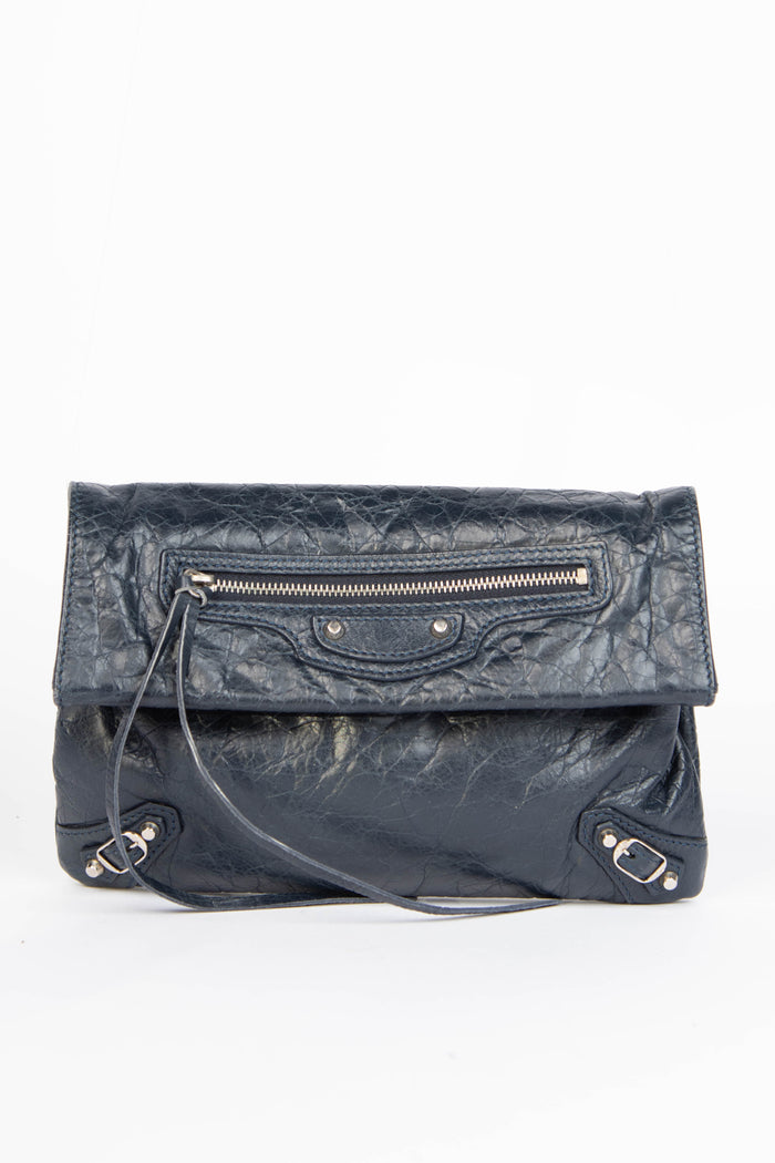 2010s Balenciaga Navy Leather Mini Motorcross Clutch