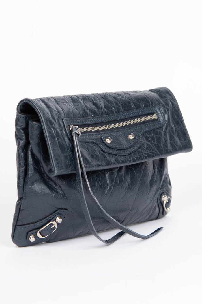 2010s Balenciaga Navy Leather Mini Motorcross Clutch