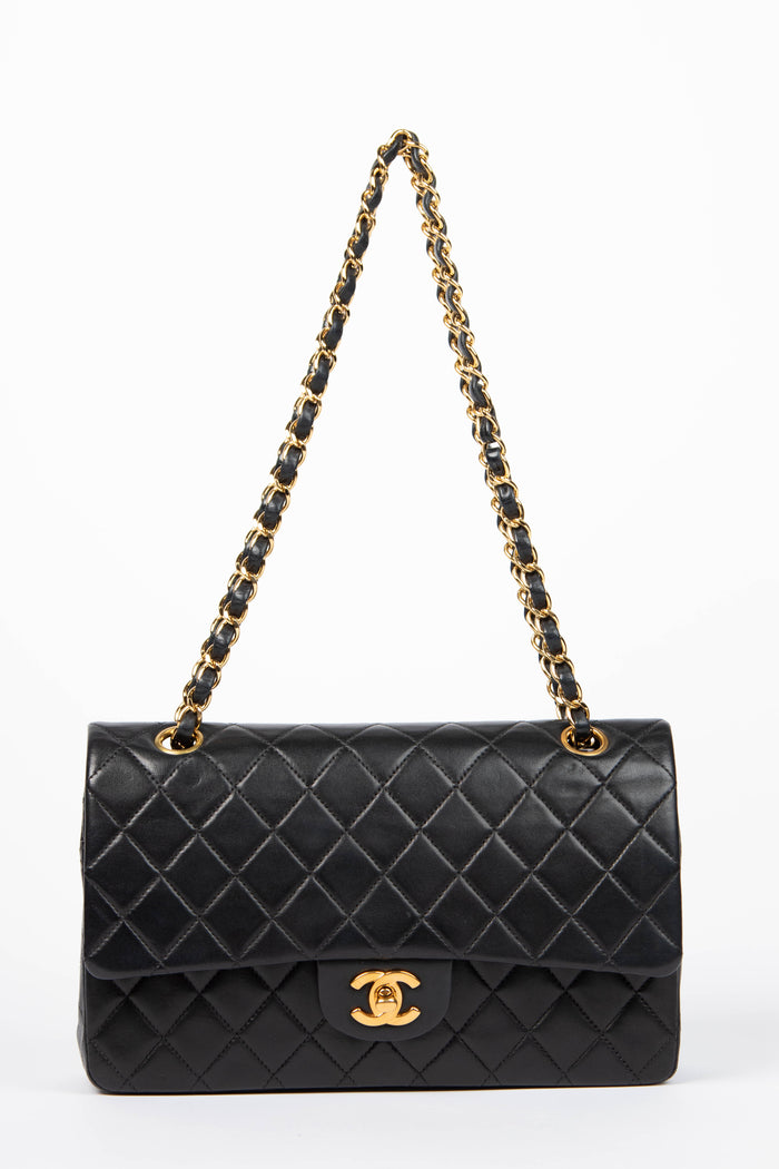 2000s Chanel Black Lambskin Leather Medium Classic Double Flap with 24K GHW
