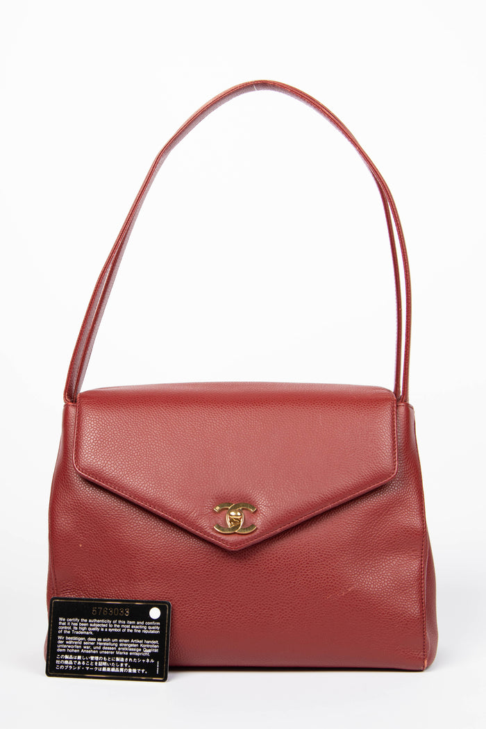 90s Chanel Red Caviar Leather Envelope Shoulder Bag