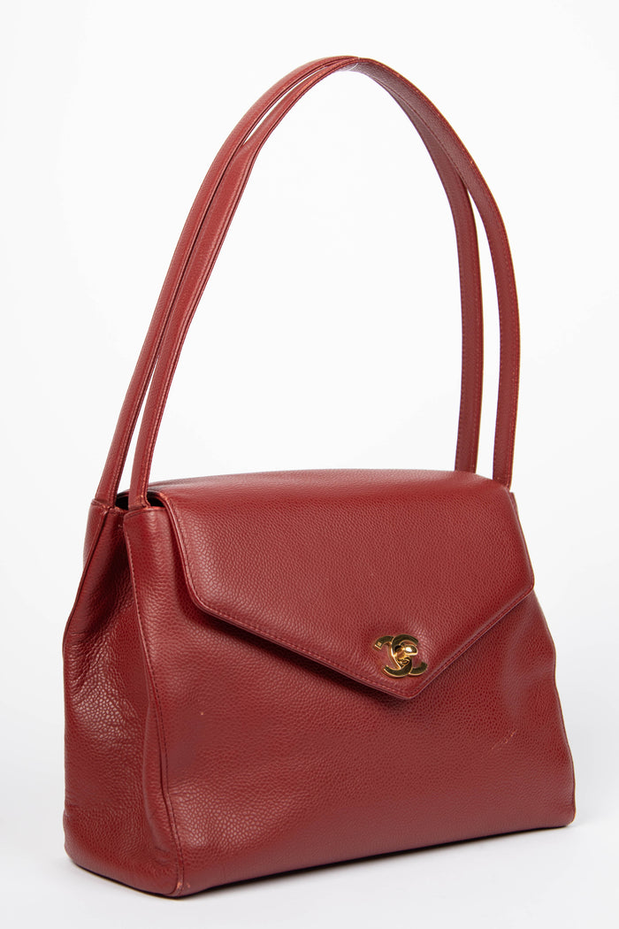 90s Chanel Red Caviar Leather Envelope Shoulder Bag