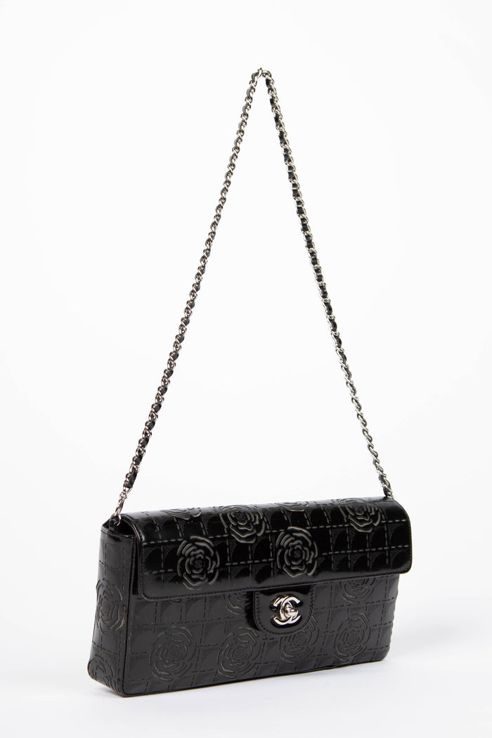 2000s Chanel Black East West Laser Cut Camellia Single Flap  Bag
