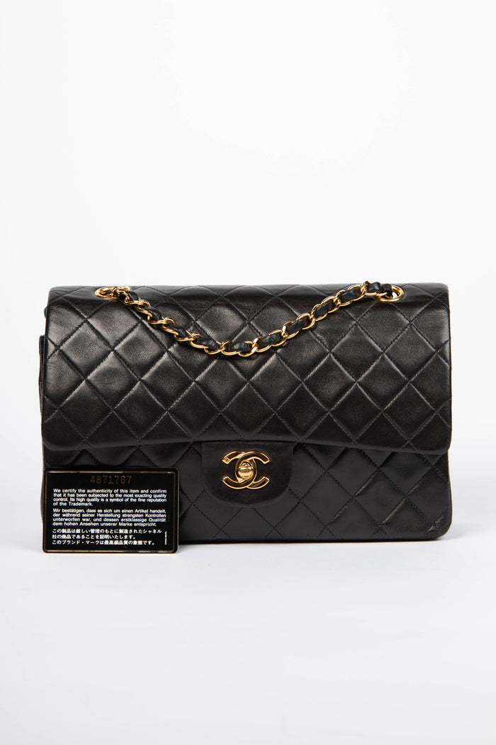 90s Chanel Black Lambskin Classic Medium Double Flap Bag with 24k GHW