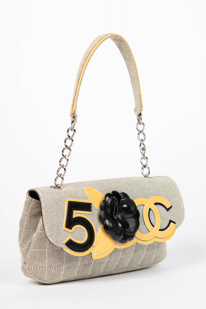 2000s Chanel Beige Canvas No.5 Camellia Single Flap Shoulder Bag