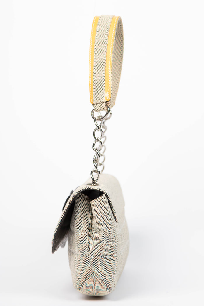 2000s Chanel Beige Canvas No.5 Camellia Single Flap Shoulder Bag