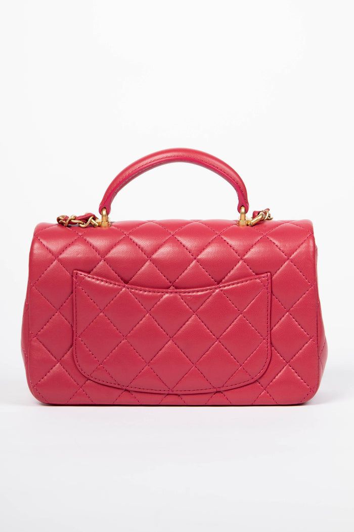 2020s Chanel Raspberry Lambskin Leather Mini Rectangular Top Handle Bag