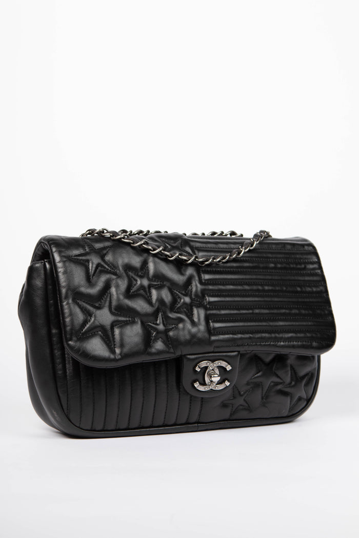 2010s Chanel Black Lambskin Leather Stripes and Stars Single Flap Shoulder Bag