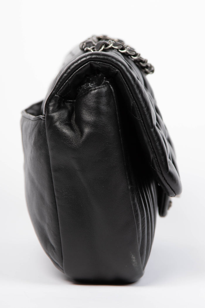 2010s Chanel Black Lambskin Leather Stripes and Stars Single Flap Shoulder Bag